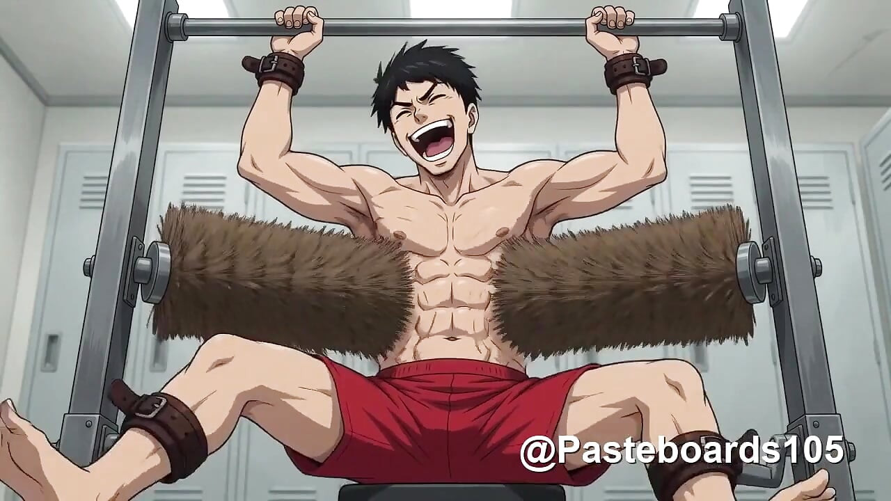 Strapped To The Frame - Brush Cylinders On His Bare Armpits (2D Anime Bara)
