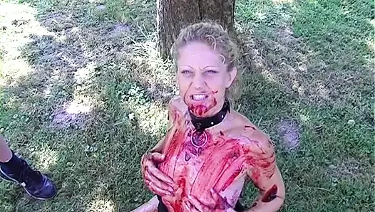Lovely blonde is toying her cunt outdoor