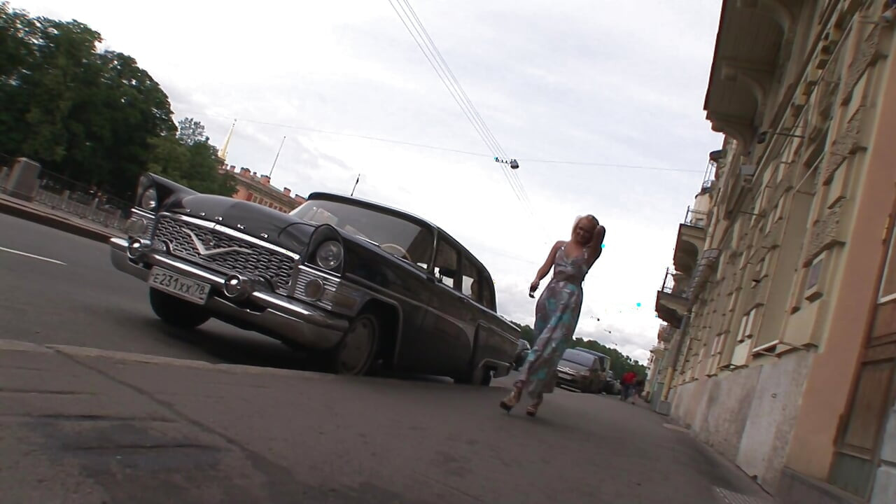 A Blonde Hottie Flashes and Pisses on the Street Before Going DP Threesome with Two Horny Hunks