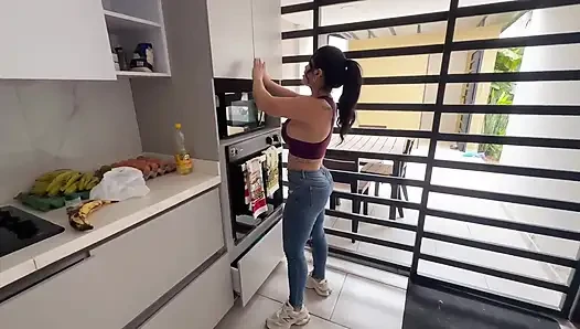 Maid Gets Fucked by Her Boss in the Kitchen While Her Boss's Cuckold Returns Home