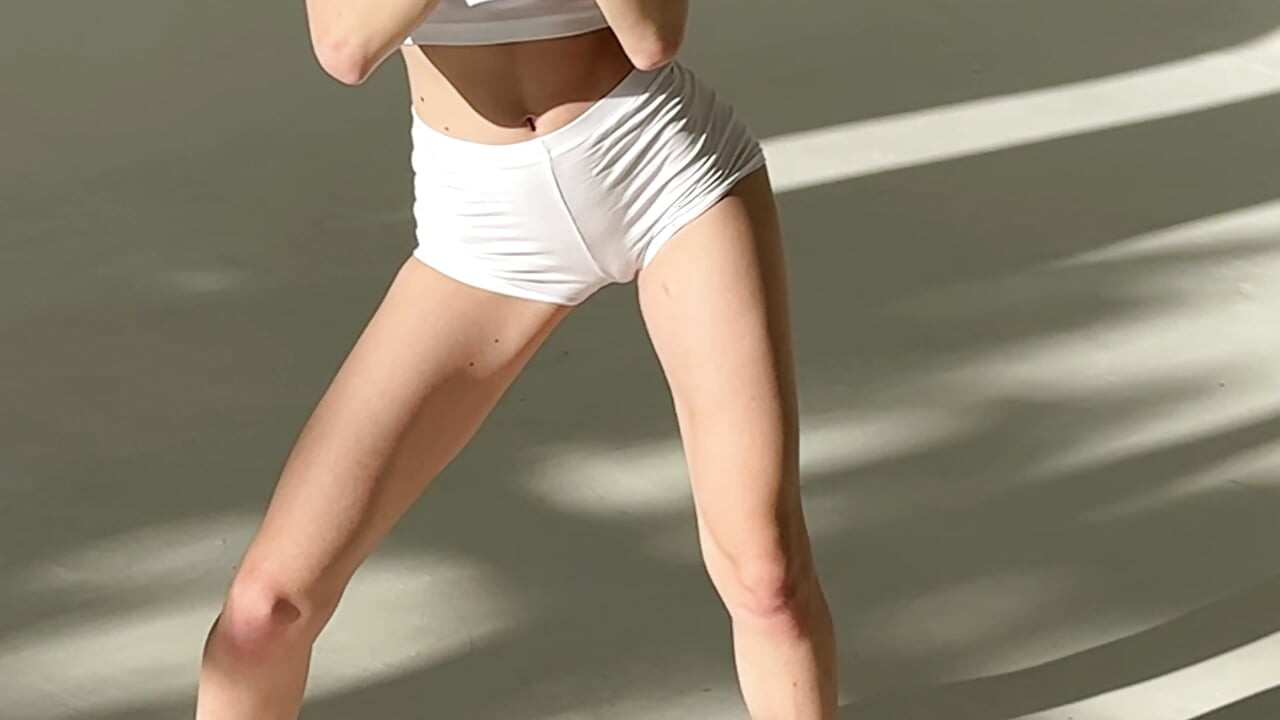 morning yoga in very short shorts - cameltoe