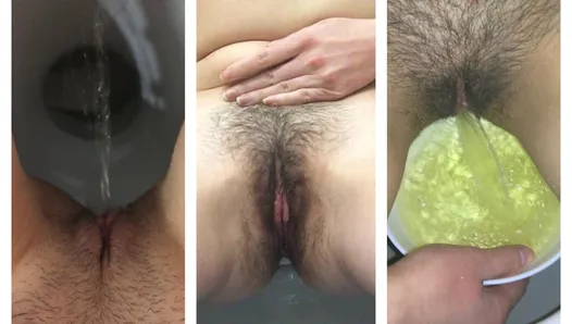 COMPILATION Girl pissing very hairy pussy, shows perky small tits