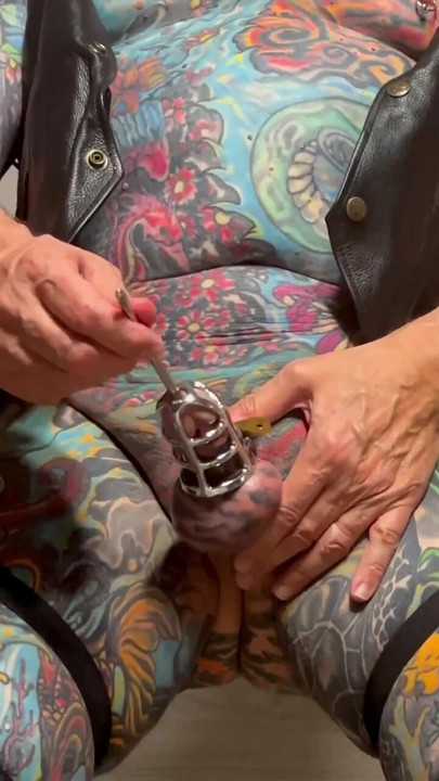 Jacques Kiros practices sounding on his caged cock