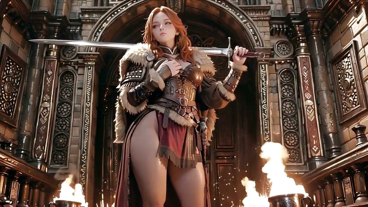 Red-haired Warrior! Forbidden Leather Armor Tease Against Pure White Backdrop.