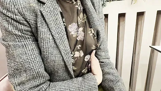 Trying my new sheer blouse in a caffe, showing my hard pierced nipples in public.