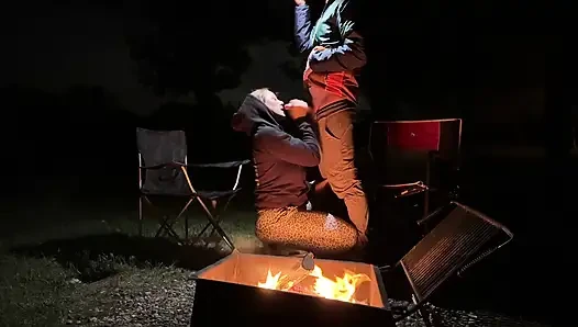 Wife caught masturbating in public restroom, then fucked by the campfire