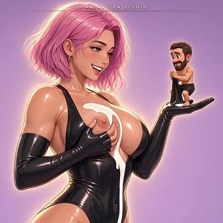 Anime Latex Mistress Kisses the Tiny Man on Her Palm While Milk Drips From Her Breasts