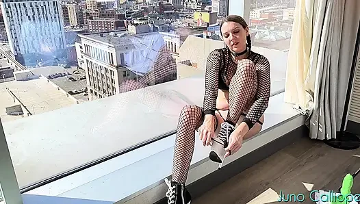 Filthy slut squirts like crazy while fucking her pussy in her window