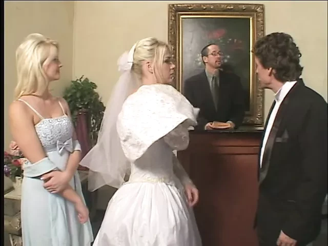 Blonde nice tits bride sucks and fucks two rock hard cocks in bed