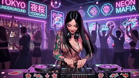 AI- DJ Girls in Private Exclusive Party - Beach Sunset + Tron Futuristic  + Tokyo Neon