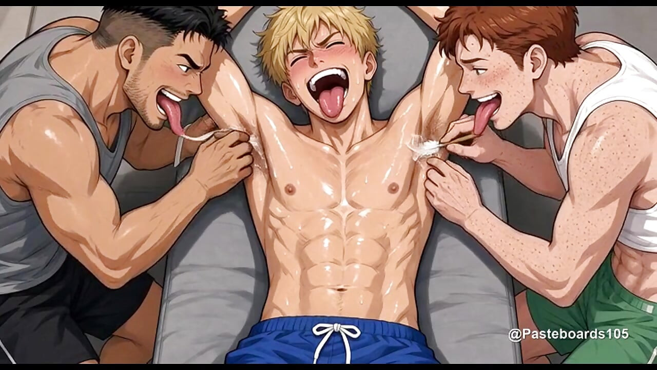 Bound Blond Jock - Four Men Tickling His Armpits, Soles And Toes (2D Anime)