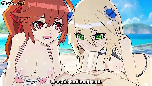 mädchen haben dreier am strand und bekommen einen großen fick (BlazBlue) (sub español)