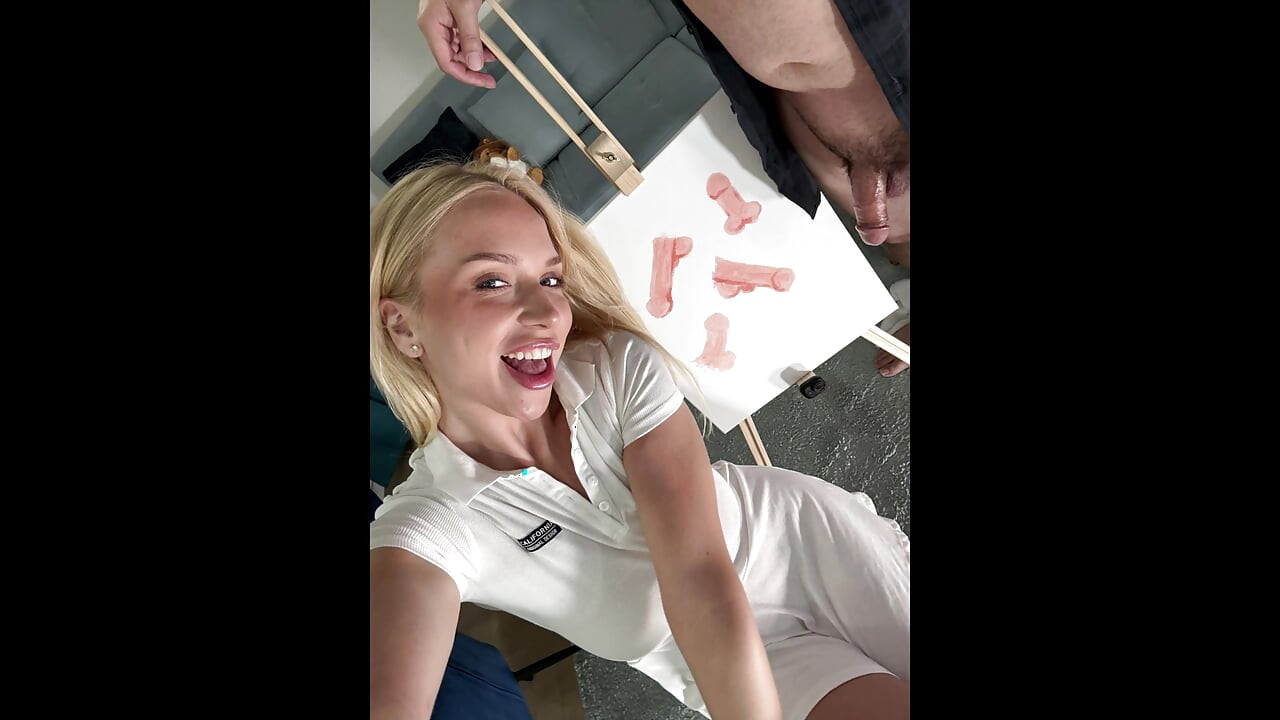 Țâțe mari naturale, țâțe mari, mamă sexy sexy, pictoriță sexy, vrea ca modelul ei să se masturbeze pentru propria ei plăcere în timp ce îl pictează