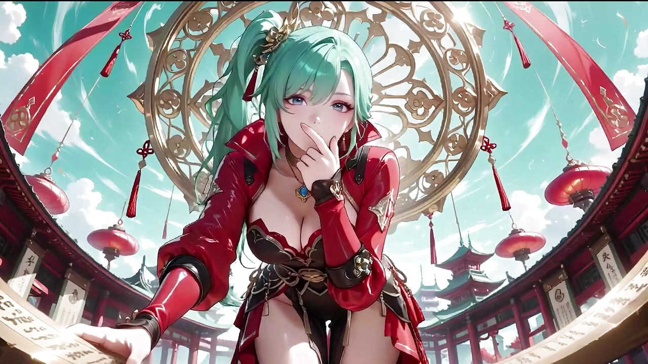 Green-haired warrior in a black-red battle robe, commanding yet shy on the floating terrace.