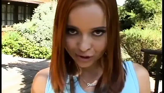 Slim young redheaded slut kneels and sucks five jizz-dripping cocks