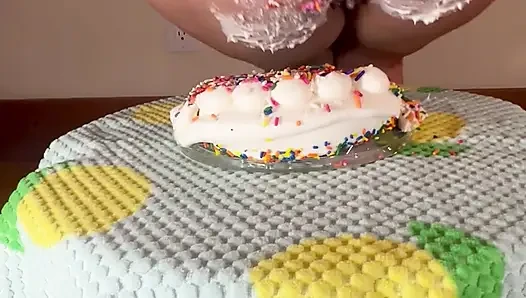 Step mom smashes my birthday cake with her fat pussy