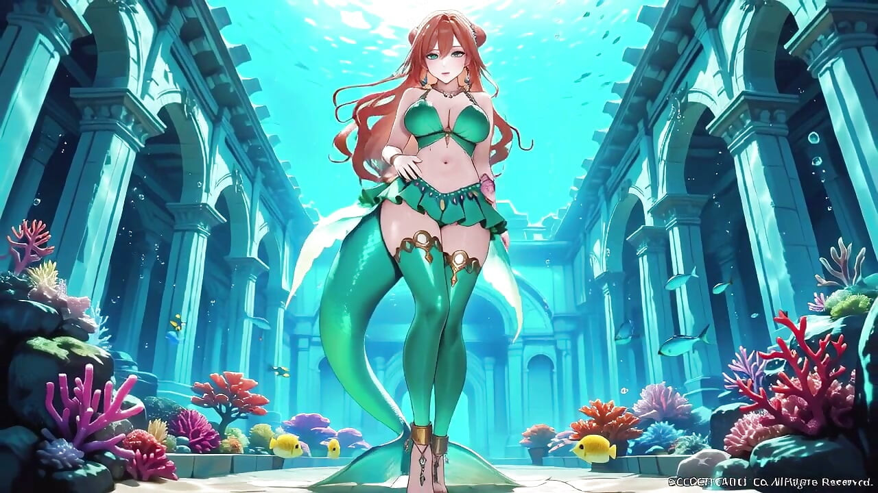 Princesa Sereia Ruiva em Tour Privada no Palácio Subaquático, Biquíni Verde marcando suas curvas, Botas de Salto na areia macia,