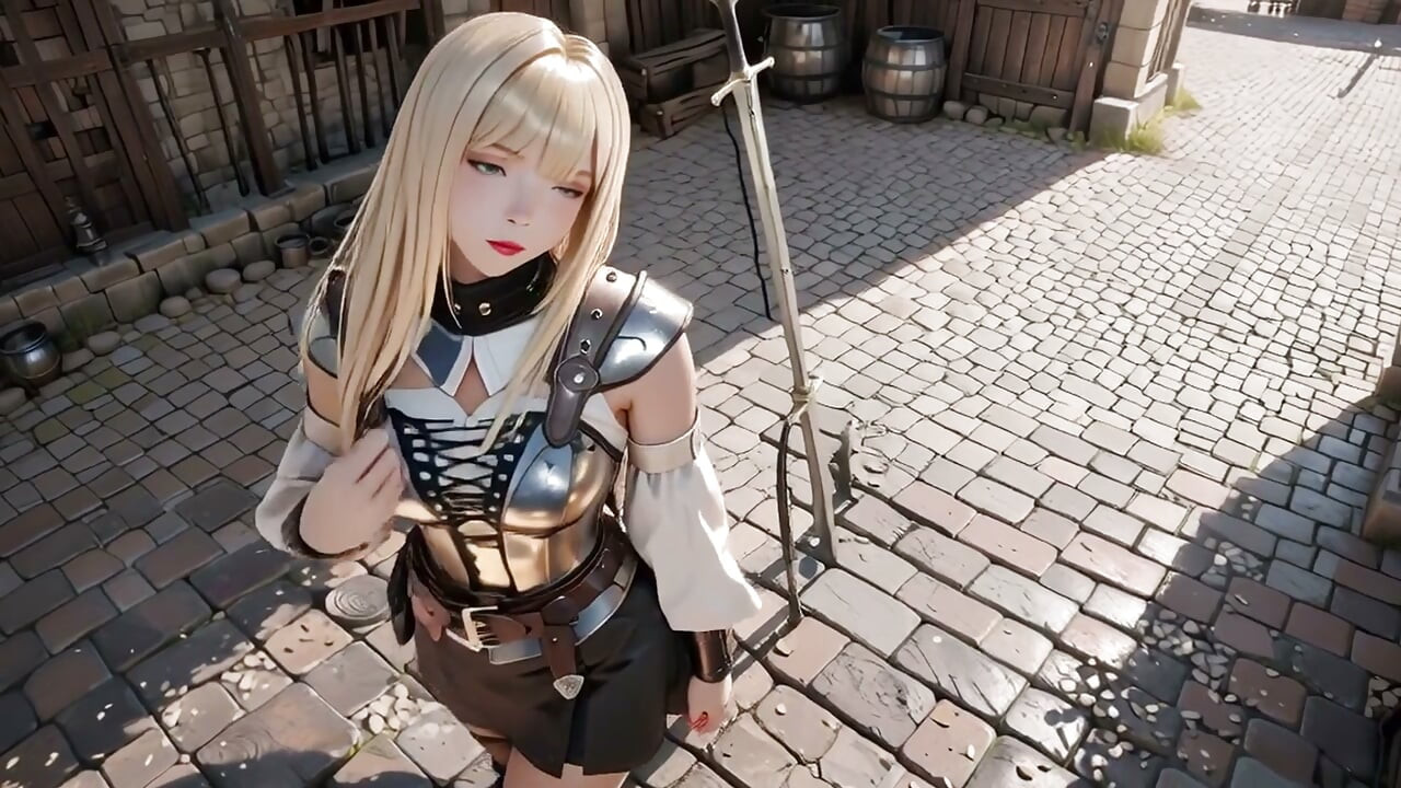 Blonde Knight's Private Awakening! Kneeling in the castle courtyard.