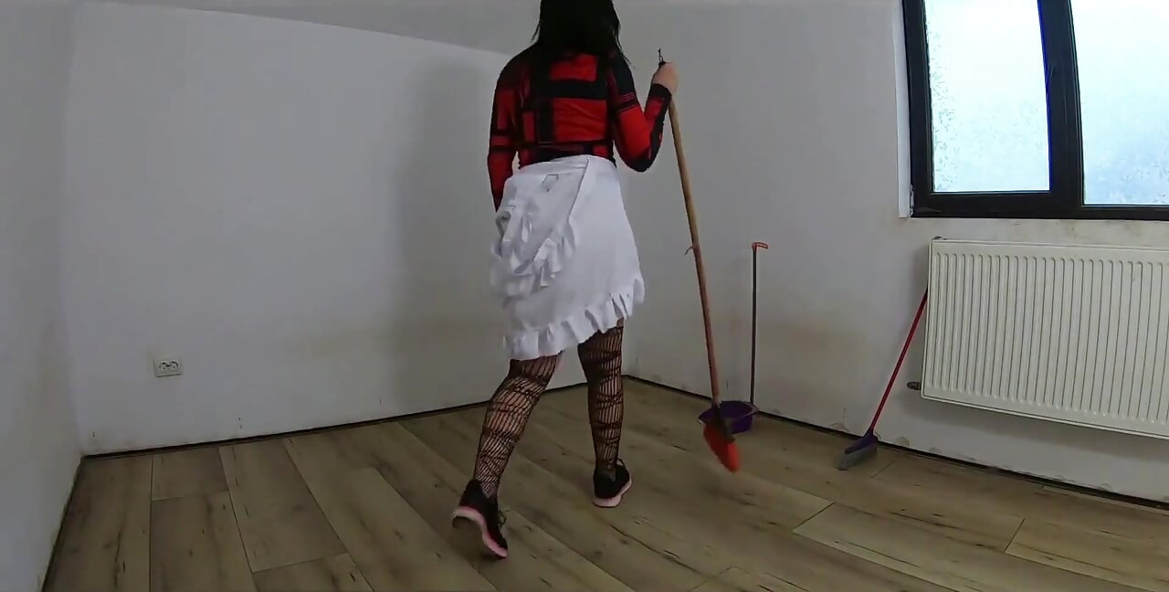 Nympho Maid Masturbates with Broom & Mop While Cleaning an Abandoned House