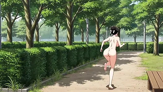 A busty wife who is naked in front of a public toilet in a park