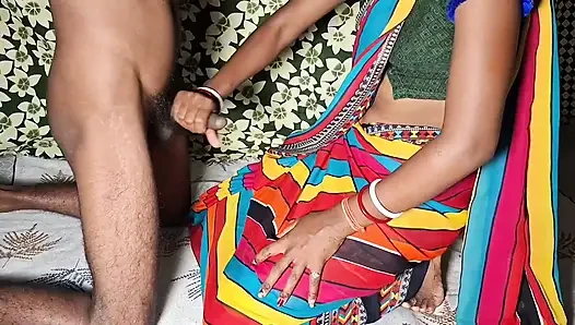 Auntie, clad in a red saree, approaches creating a beautiful and romantic moment filled with love anal sex
