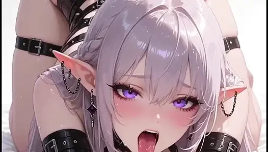 White-haired anime elf in black leather latex
