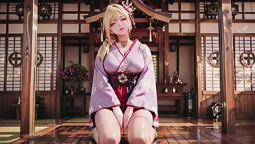 Dewi Pirang di Koridor Jepang, Tatapan Malas, Tangan di Pinggul, Sinar Matahari Membasahi Kulitnya.