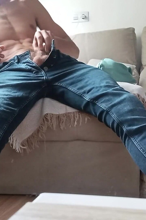 The Horny Jerk off with the Nice Big Cock Jerks off with the TV Remote and Cums in His Hand
