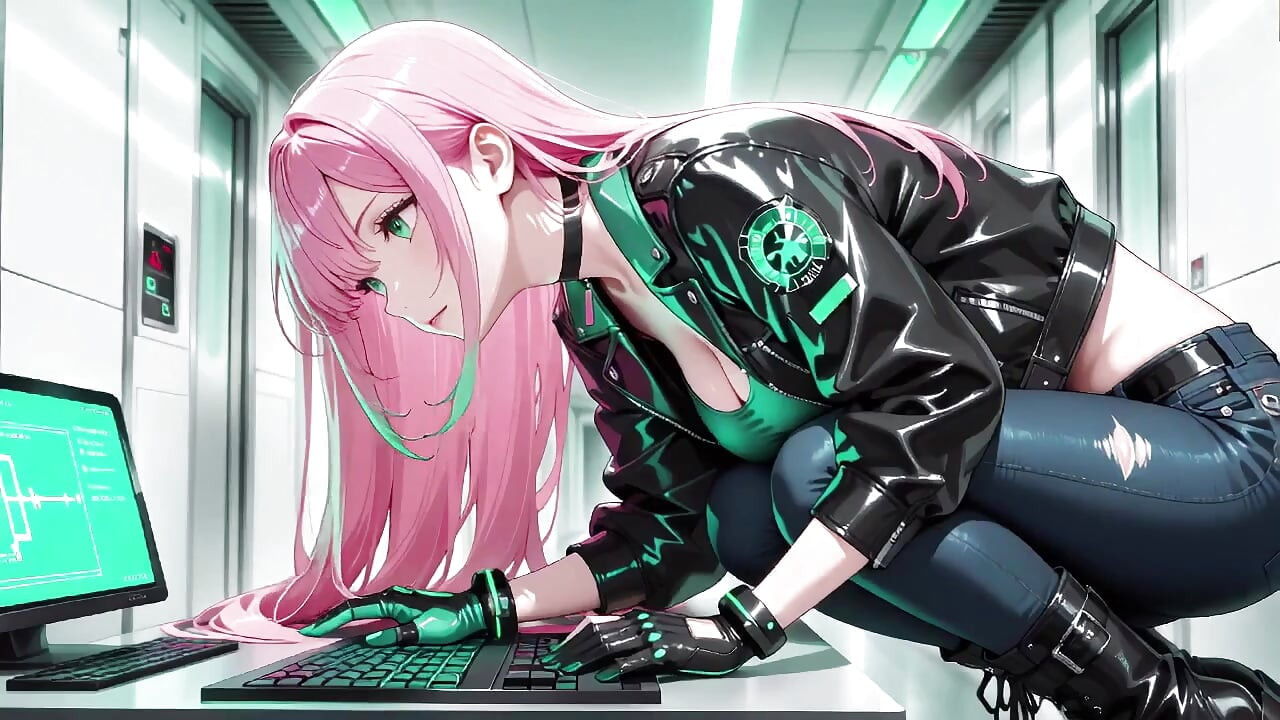 Technologie du cuir aux cheveux roses ! Ambiance privée dans un couloir cyber éclairé par des néons.