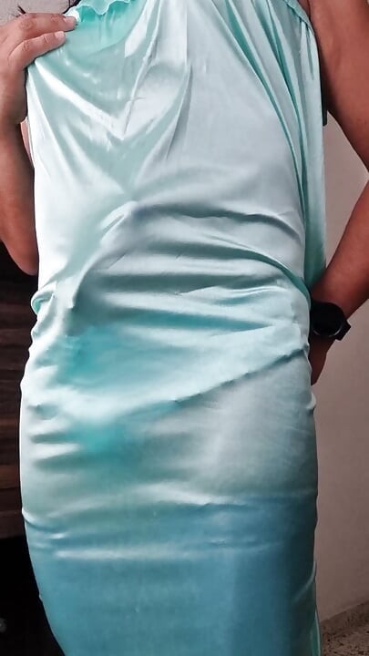 Blue Satin Nightgown, Hands-free Masturbation, Excited with Soft and Delicate Satin Fabric, Satin Panties and Stockings