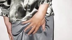 Silver Long Satin Skirt Pissed and Cum Rag