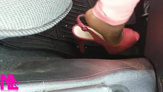 Revving and Handjob to Gear Stick in Nude Nylons and Pink Peeptoed High Heels