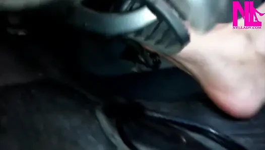 Hot Barefoot Pedal Pumping in My Leather Black Flops