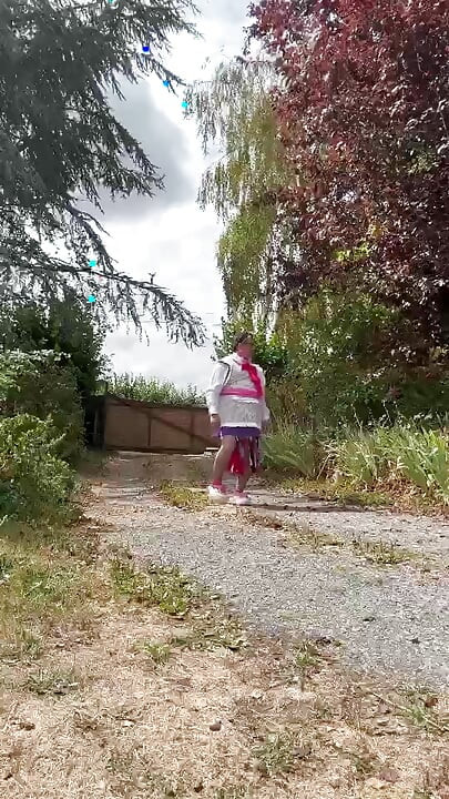 Dressed like a gardener with a purple dress for a day
