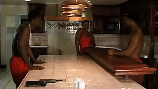 Fantastic curly haired ebony babe sucks and fucks two dicks one by one