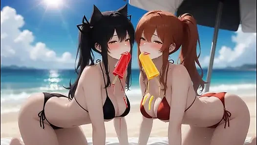 AI Gothic Beauty Meets Redhead Beauty – Beach Crossover (Eating Ice Pops)