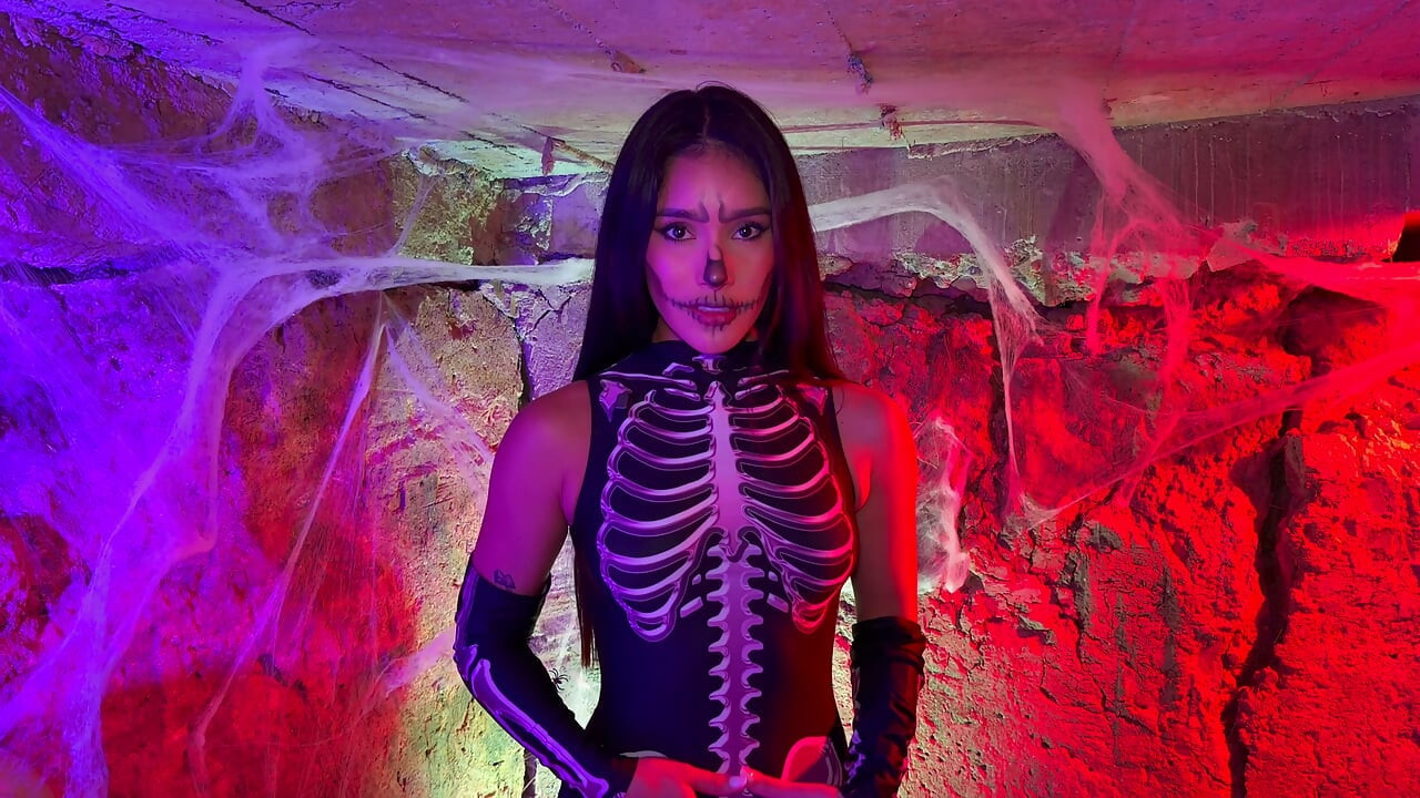 Petite Colombian woman gets aroused upon seeing a skeleton on Halloween night - Carolina Guerrero