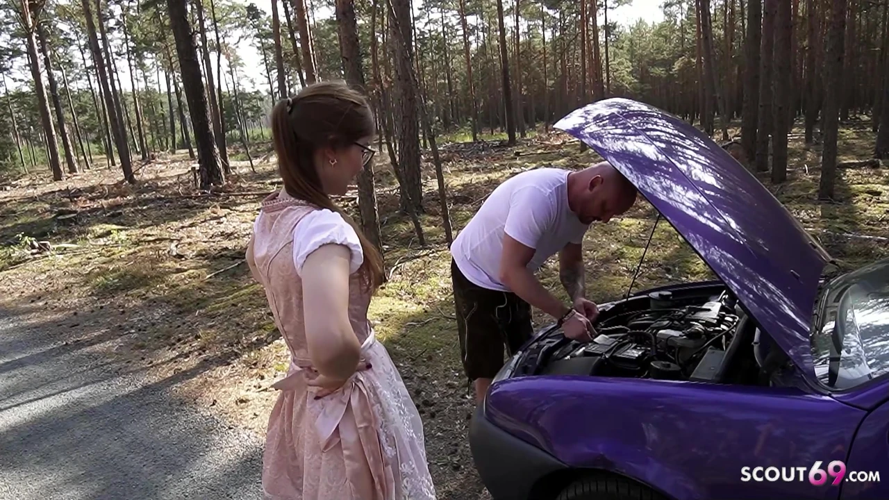 Petite German Glasses Girl TinyEmily give Stranger a Fuck for help with Car breakdown