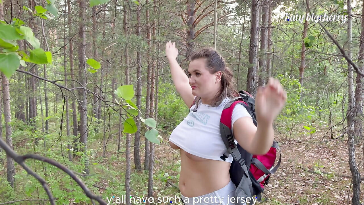 Big-boobed girl got lost in the woods, but found a dick in outdoor