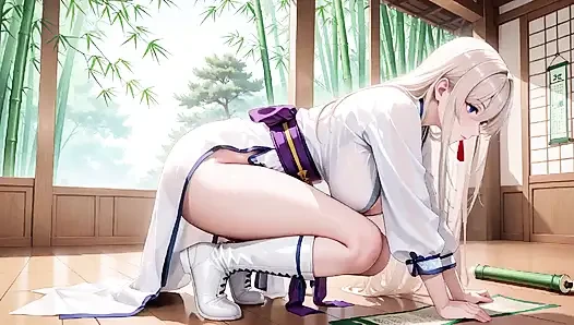 Kimono si pembantu kulit putih! Berlutut di koridor Jepang, celah besar mengungkap paha basah di bawah matahari.