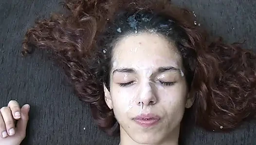 Skinny Petite Hairy Pussy Fucked and Cummed on Face by Three Monster Cocks