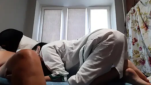 Two nurses fuck a patient (foot fetish, cunnilingus, nipple licking)