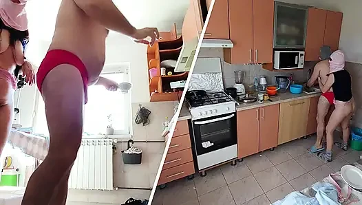 Crazy amateur couple having fun in the kitchen