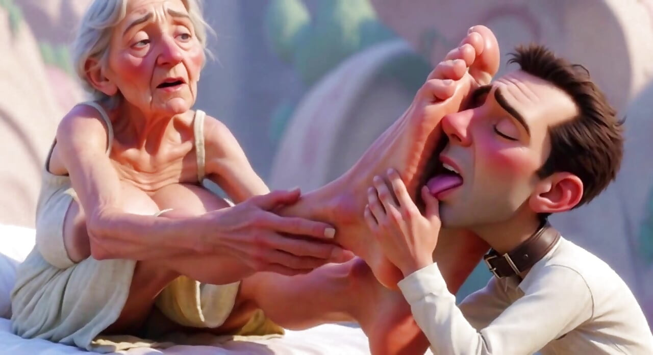 Giantess Stara babcia wielbienie stóp - mały mężczyzna liże jej gigantyczne stopy