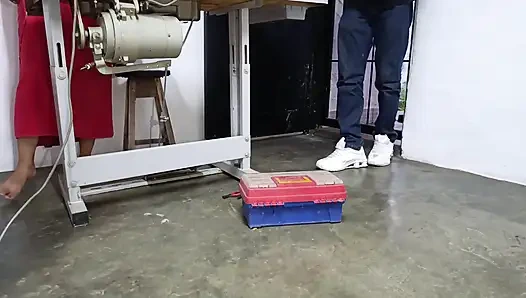 While I Pump the Pedal of My Cooking Machine in Panties This Man Looks at Me and Repairs the Machine