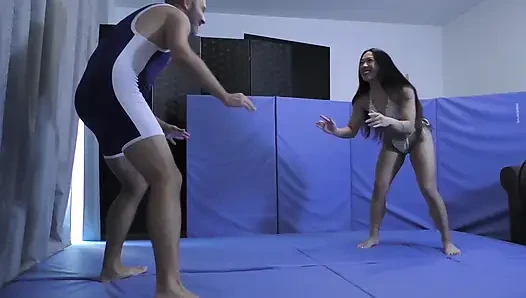 Petite with Power Kiara Star Dominates Male in Wrestling
