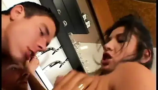 Curvy chick is fucked by two fat cocks and slammed against couch in apartment