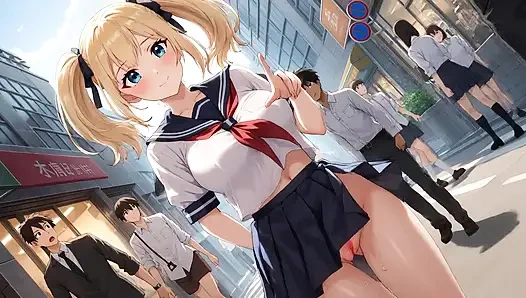 Walking on a lively street with her lower body exposed