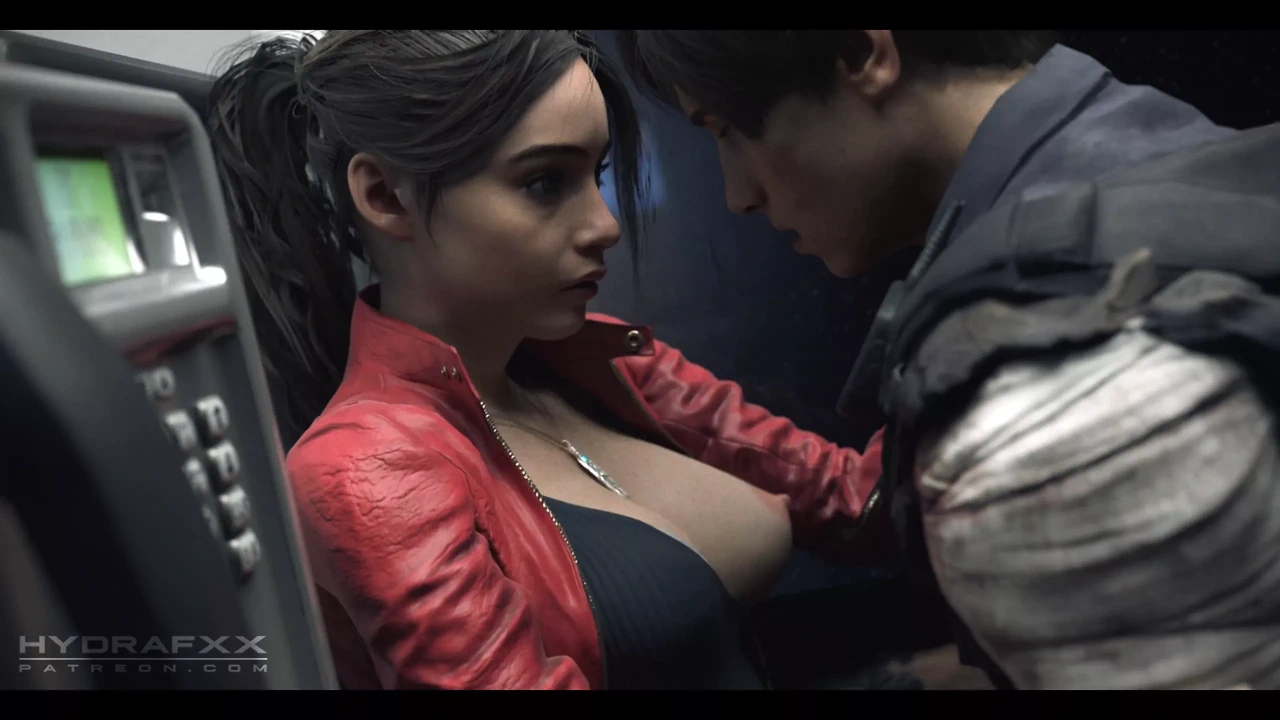 Claire Redfield和Leon在电话亭里