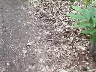 Walking bare foot and naked from car for an in forest for a wank